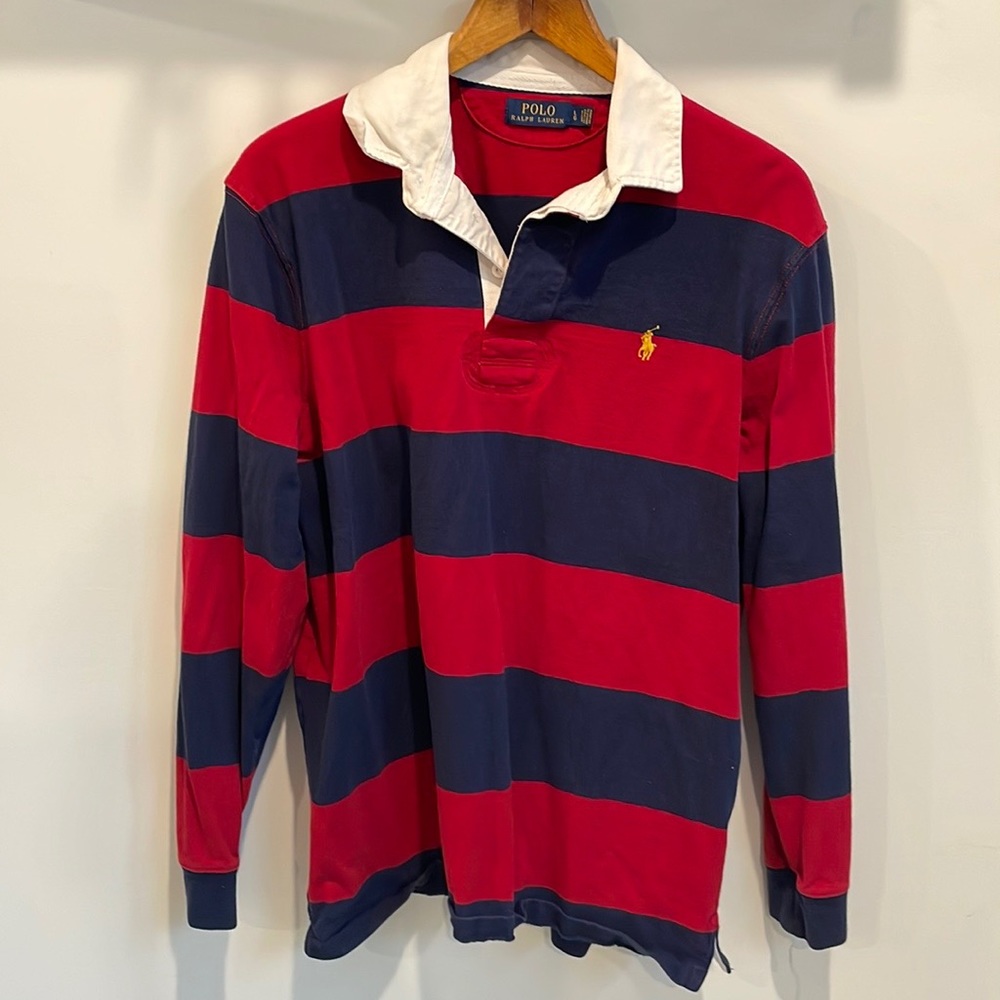 Polo by Ralph Lauren. Red & blue long sleeve polo w/ a white color & yellow symb
